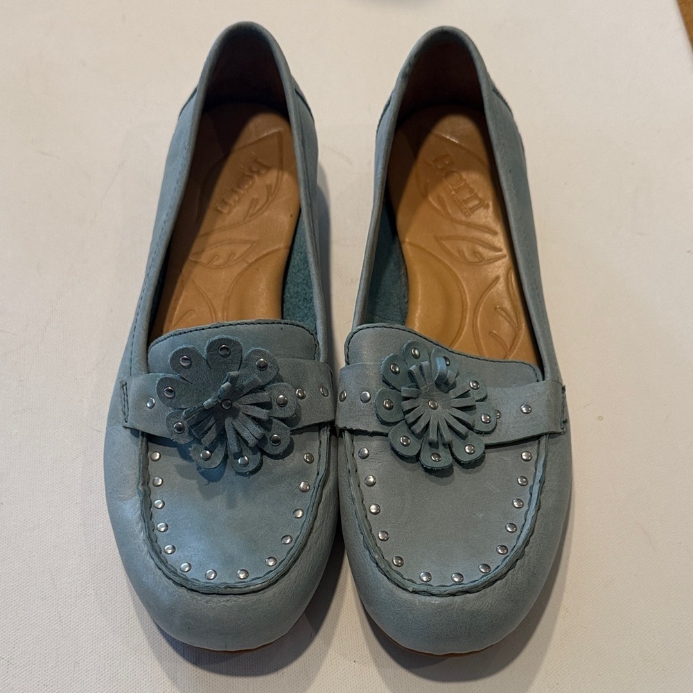 Born Sky Blue Loafers with Floral Detail